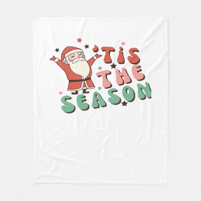 Tis The Season Retro Christmas Santa Fleece Blanket (Front)