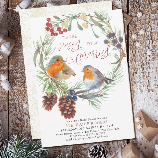Tis The Season Robin and Pine Wreath Bridal Shower Invitation (Creator Uploaded)
