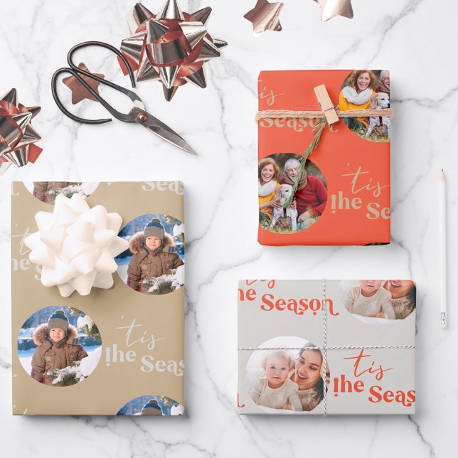 Tis the Season Round Photos Set of 3 Wrapping Paper Sheet (Creator Uploaded)