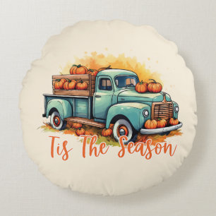 'Tis The Season – Rustic Truck with Pumpkins Round Cushion