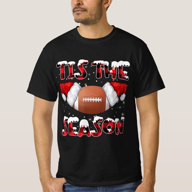 Tis The Season Santa Hat Football Red Plaid Christ T-Shirt (Front)