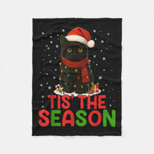 Tis' The Season Santa Hat Funny Black Cat Christma Fleece Blanket
