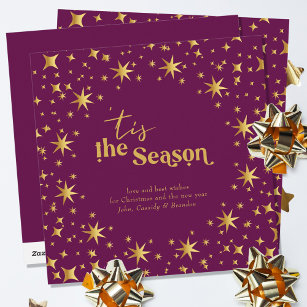 Tis the Season Simple Elegant Plum and Gold Stars Holiday Card