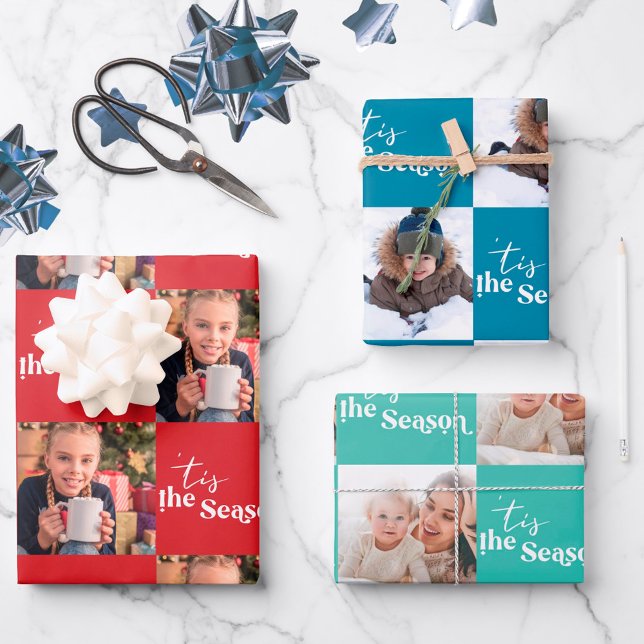 Tis the Season Square Photos Set of 3 Wrapping Paper Sheet (Creator Uploaded)