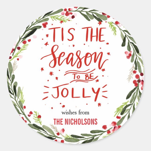 Tis The Season To Be Jolly Red Script | Wreath Classic Round Sticker (Front)