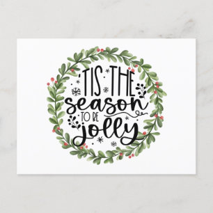 Tis the Season to be Jolly Watercolor Wreath Holiday Postcard