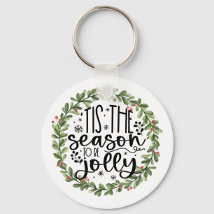 Tis the Season to be Jolly Watercolor Wreath Key Ring