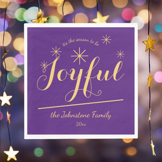 "tis the season to be Joyful" Chic Party Paper     Napkin (Customize these Joyful purple and gold paper napkins to suit your special holiday gathering.)