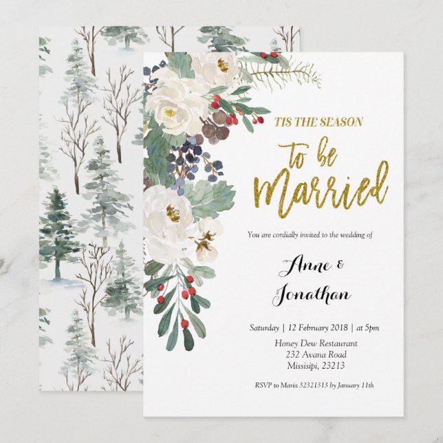 Tis The Season to be Married Christmas Floral Invitation (Front/Back)