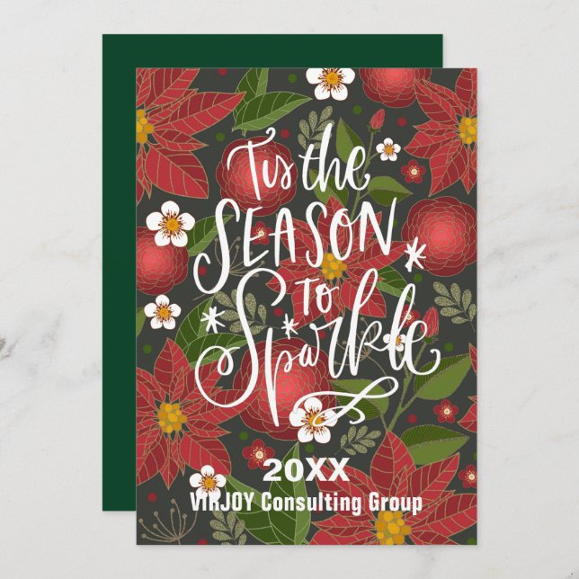 Tis The Season To Sparkle Red Poinsettia Business Holiday Card (Front/Back)