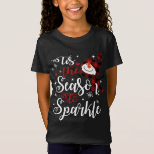 Tis The Season To Sparkle Xmas Snowman Red Plaid T-Shirt