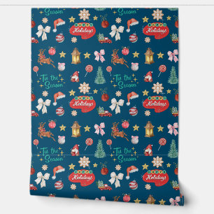 tis the season, watercolor christmas retro blue wallpaper