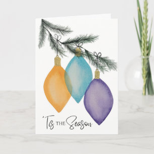 Tis the Season Watercolor Ornaments Pine Branch Card