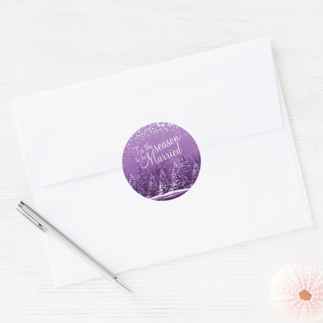 Tis the season winter wedding purple pine lake classic round sticker (Envelope)