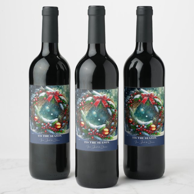 Tis the Season Wreath Wine Label (Bottles)