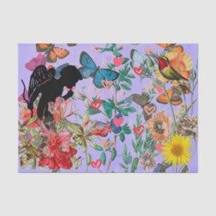 TISSUE PAPER ANGEL IN A GARDEN WITH BUTTERFLIES