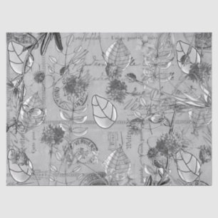 Tissue Paper Decoupage B/W Floral Leaves Postcard