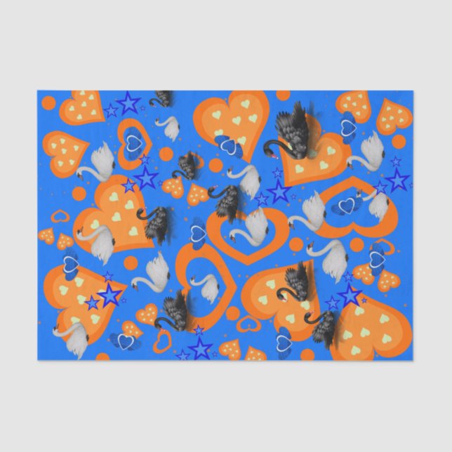 Tissue Paper Orange Hearts Swans Blue (Front)