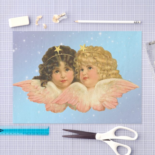 TISSUE PAPER VINTAGE TWIN ANGEL STARS ON BLUE  (Craft)