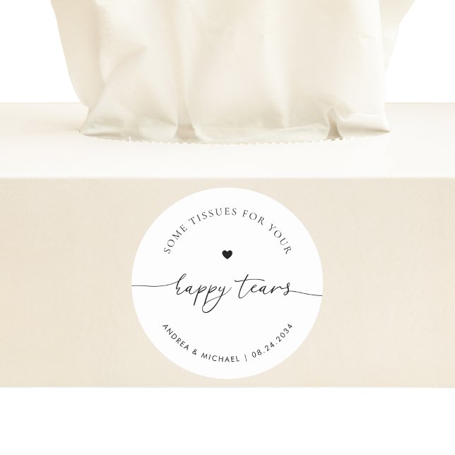 Tissues For Your Happy Tears Modern Wedding Heart Classic Round Sticker (Creator Uploaded)