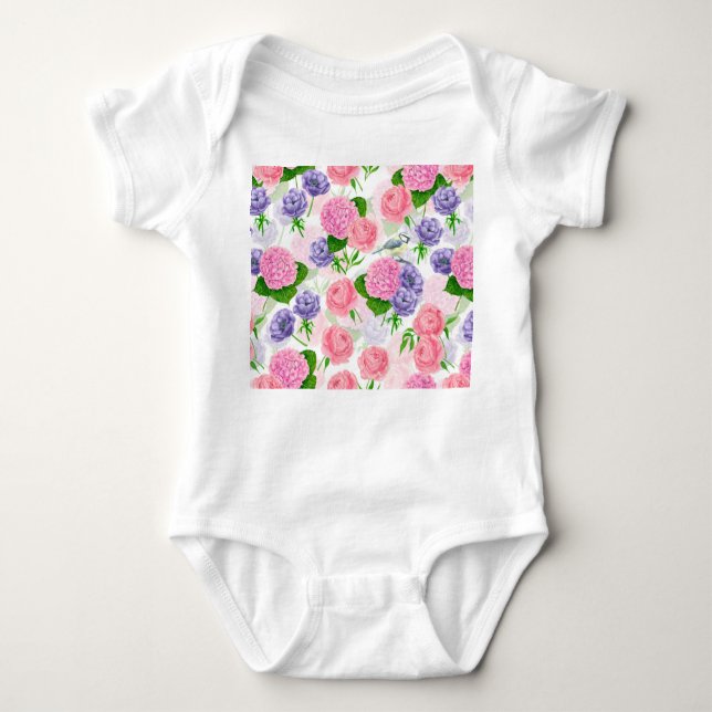 Tit bird and flowers baby bodysuit (Front)