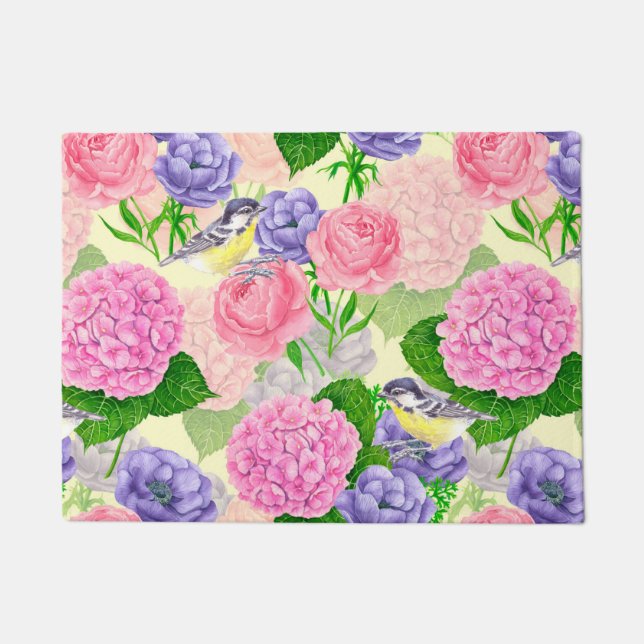 Tit bird and flowers doormat (Front)