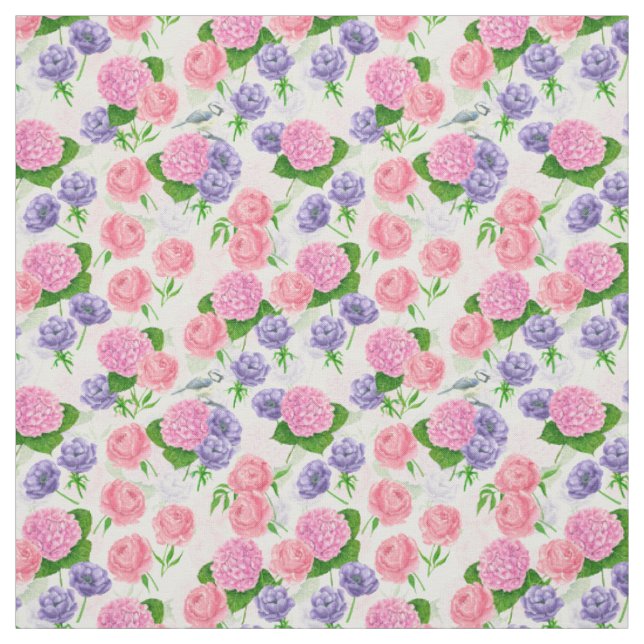 Tit bird and flowers fabric (Swatch)