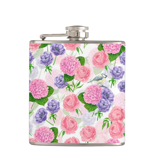 Tit bird and flowers hip flask (Front)