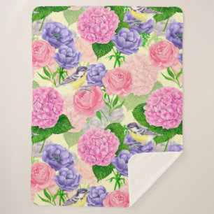 Tit bird and flowers sherpa blanket