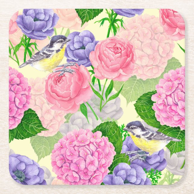 Tit bird and flowers square paper coaster (Front)