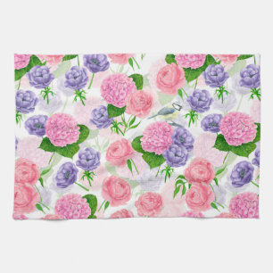 Tit bird and flowers tea towel