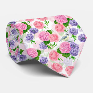 Tit bird and flowers tie