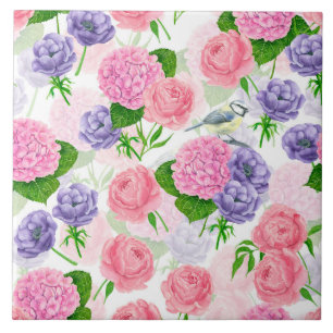 Tit bird and flowers tile