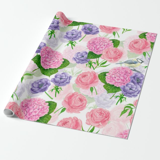 Tit bird and flowers wrapping paper (Unrolled)