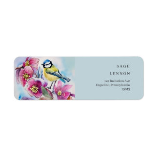 tit bird on cyclomene pink flowers, watercolor