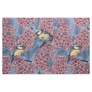 Tit birds in the lilac garden fabric