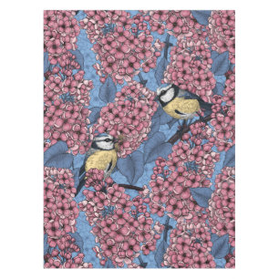 Tit birds in the lilac garden tablecloth