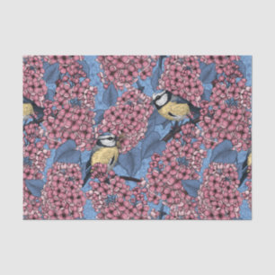 Tit birds in the lilac garden tissue paper