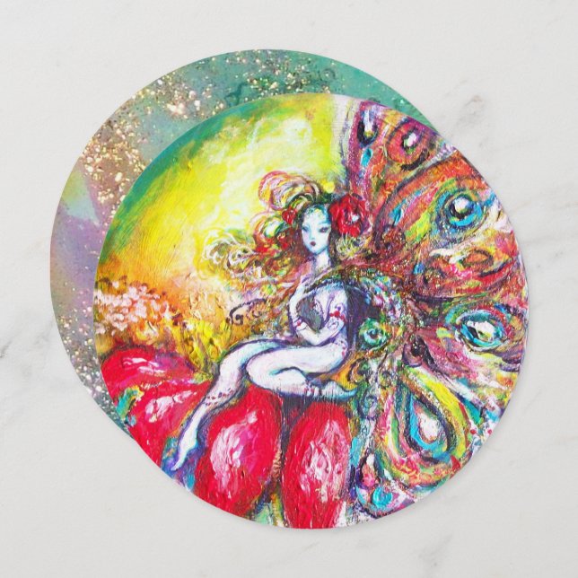 TITANIA AND RED FLOWER ,Green Teal Blue Sparkles Invitation (Front/Back)