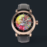 TITANIA SITTING ON A RED FLOWER WATCH<br><div class="desc">Colourful and whimsical fairy sitting on a red flower in gold sparkles .Acrylic painting with golden and silver foil with iridescent colours .Titania Inspired from Shakespeare ;A Midsummer Nights Dream (c) by Bulgan Lumini</div>