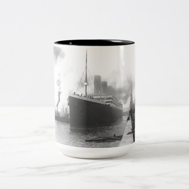 Titanic at the docks of Southampton Two-Tone Coffee Mug (Center)