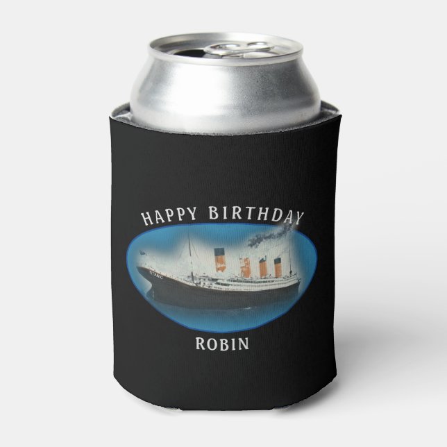 Titanic Birthday Black RMS White Star Line Ship Can Cooler (Can Front)