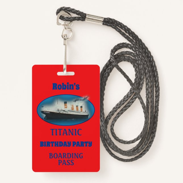 Titanic Birthday Invitation Red White Star Ship ID Badge (Front with Lanyard)