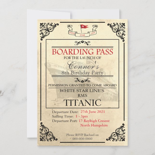 Titanic Boarding Pass Invitation  (Front)