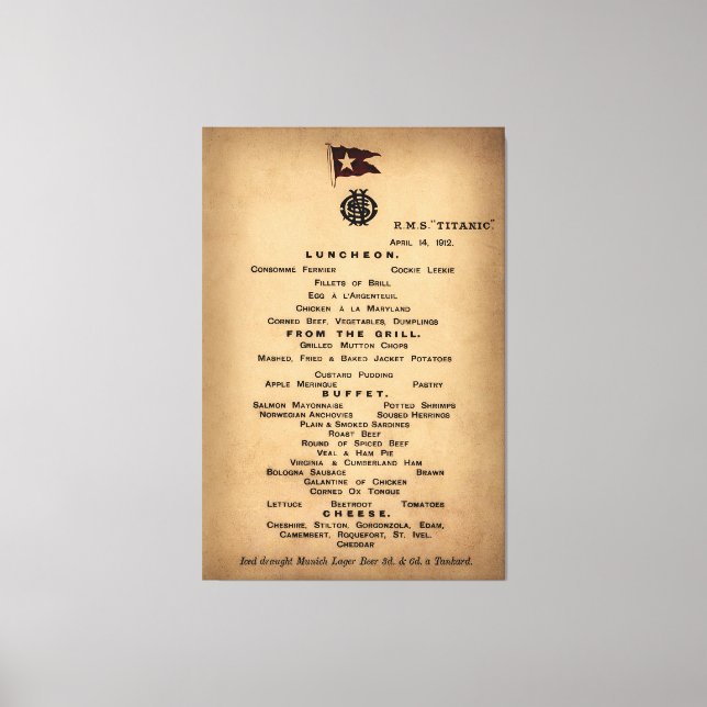 TITANIC Final Luncheon Menu 1912 Canvas Print (Front)