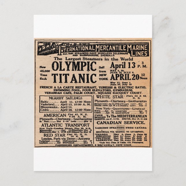 Titanic Newspaper Ad Postcard (Front)