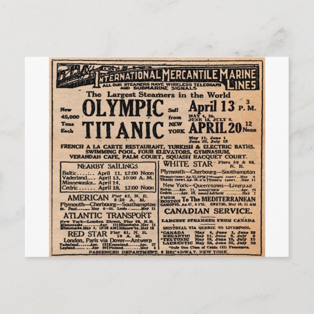 Titanic Newspaper Ad Postcard (Front)
