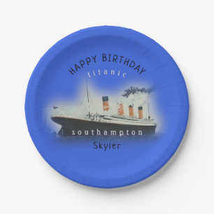 Titanic Ship Happy Birthday Name Marine Blue Paper Plate