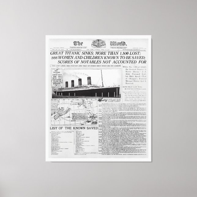 TITANIC SINKS - Frontpage News Worldwide 1912 Canvas Print (Front)
