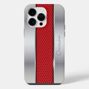 Titanium Red Silver Stainless Steel Print iPhone 14 Pro Max Case